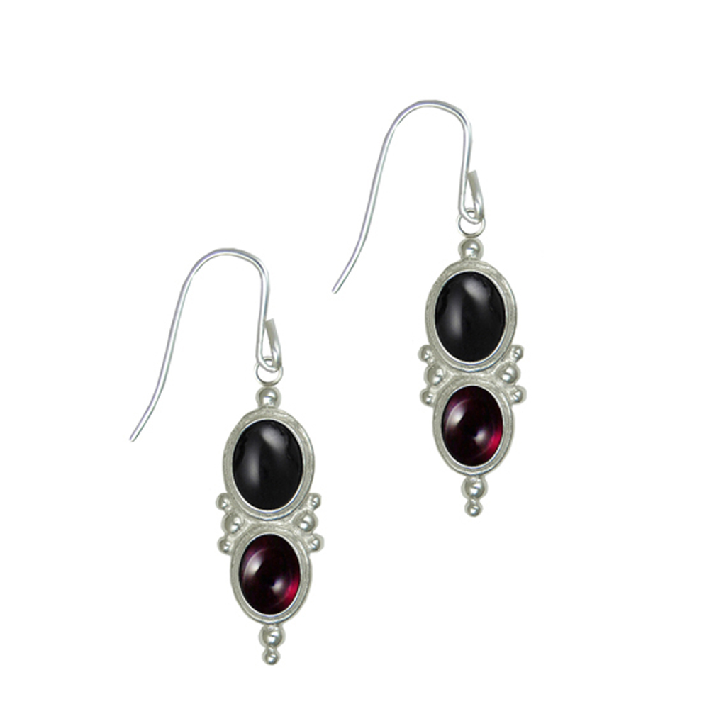 Sterling Silver Black Onyx And Garnets Gemstone Drop Dangle Earrings